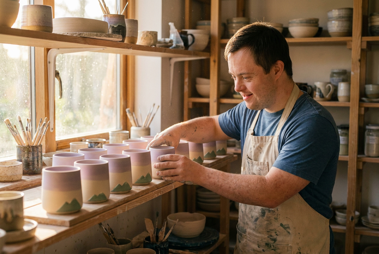 Patrick smiling as he arranges a row of finished misty mountain cups on a sunlit studio shelf.
