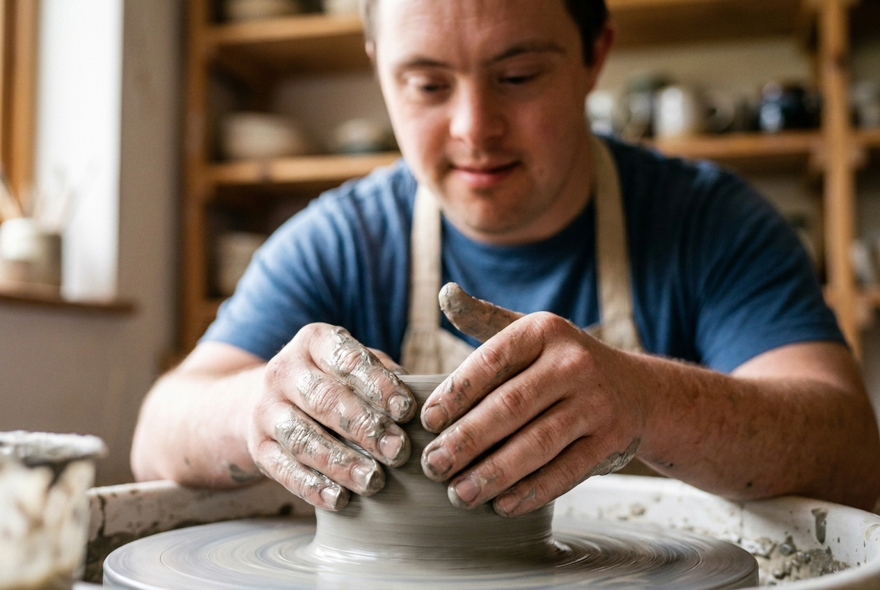 Patrick shaping a cup on the pottery wheel, hands covered in wet clay.