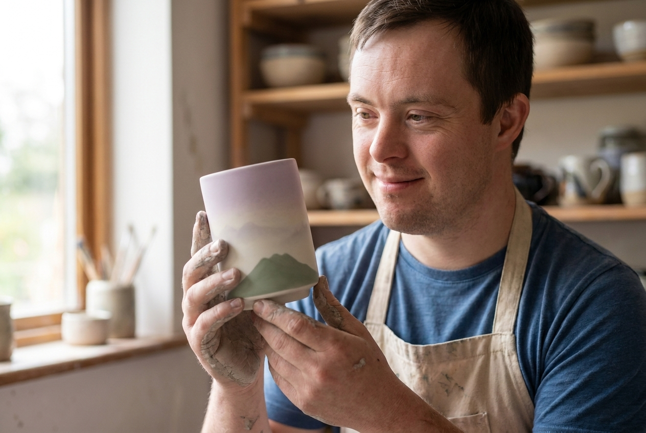Patrick holding a finished misty mountain cup up to the window light, smiling softly.